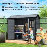 Outsunny 8 x 4 ft Plastic Garden Shed, Wood-Effect Outdoor Storage Shed with Floor, Windows, Lockable Doors and Vents, Dark Grey(m-9)