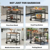 Outsunny Outdoor Grill Cart, 2-Tier Pizza Oven Stand, BBQ Stand with Beverage Holder, Hooks, Wheels, Black and Brown(m-9)