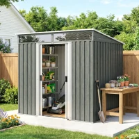 Outsunny 6.5x4FT Galvanised Metal Shed with Foundation Kit, Lockable Garden Tool Storage House with Sliding Doors, Vents, Grey(m-10)