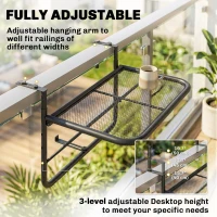 Outsunny Adjustable Balcony Hanging Railing Table, Metal Mounting Mini Wall Desk Storage Rack, Outdoor Flower Stand Serving Table Rectangle, Black(m-4)