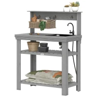 Outsunny Outdoor Potting Bench Table with Faucet, Removable Sink, Hooks and Storage Shelves, Wood Work Bench Workstation, Grey(m-11)