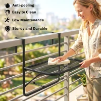 Outsunny Adjustable Balcony Hanging Railing Table, Metal Mounting Mini Wall Desk Storage Rack, Outdoor Flower Stand Serving Table Rectangle, Black(m-7)