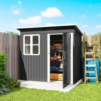 Outsunny 7' x 4' Galvanised Steel Outdoor Storage Shed, Garden Shed with Window, Lockable Wide Door and Air Vents, Dark Grey(m-10)