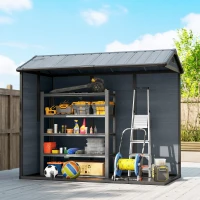 Outsunny 8 x 4 ft Plastic Garden Shed, Wood-Effect Outdoor Storage Shed with Floor, Windows, Lockable Doors and Vents, Dark Grey(m-10)