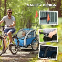 Aosom 2-in-1 Bike Trailer for Kids, Foldable 2-Seat Baby Stroller with 5-Point Harness, Rubber Wheels, Storage Bag, Blue(m-9)