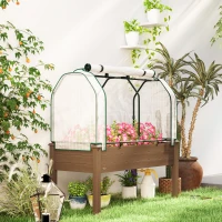 Outsunny Raised Garden Bed with PE Greenhouse Cover Outdoor Elevated Wood Planter Box for Herbs and Vegetables Brown(m-9)