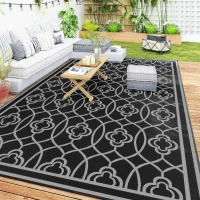 Outsunny 9' x 18' Outdoor RV Rug, Reversible Patio Floor Mat with Carry Bag, Lantern, Black and Grey(m-8)