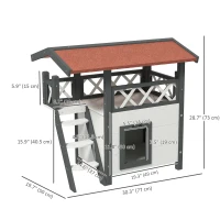 PawHut Wooden 2-Story Shelter for Feral Cats with Asphalt Roof, Stairs, Balcony, 30" x 20" x 29", White(m-3)