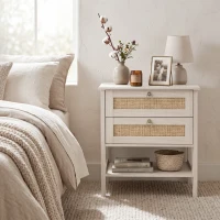 HOMCOM Set of 2 Boho Bedside Tables, Rattan Nightstands with 2 Drawers, Storage Shelf, End Side Tables for Bedroom, White Oak(m-9)