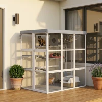 PawHut Large Outdoor Catio Cat Enclosure with Hammock, Condo, Jump Platforms, Ladders, Ramps, Tarp, for 2-4 Large Cats, Gray(m-9)