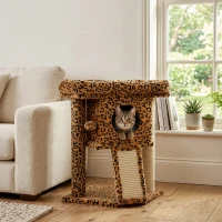 PawHut Cat Tree, Small Cat Tower with Perch, Scratching Post, Cat Condo, Toy Ball for Kitty, Leopard Print(m-9)
