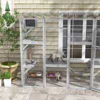PawHut Wall-Mounted Outdoor Catio for 1-4 Cats, Space-Saving Cat Enclosure with Platforms, Condos, Ladders and Weather-Resistant Roof, Grey(m-10)