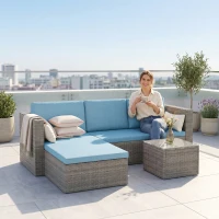 Outsunny 3-Piece Patio Furniture Set Modern Sectional Sofa Rattan Chair Wicker Conversation Set Outdoor Hand Woven Rattan Wicker Furniture Patio Coffee Table Sofa Set, Blue(m-8)
