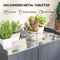 Outsunny Garden Storage Cabinet, Outdoor Potting Bench Table with Galvanized Top and Shelf, Tool Shed with Double Doors, Grey(m-5)