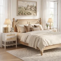 HOMCOM Set of 2 Boho Bedside Tables, Rattan Nightstands with 2 Drawers, Storage Shelf, End Side Tables for Bedroom, White Oak(m-10)