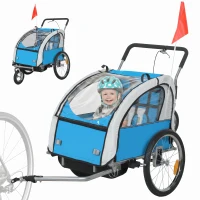Aosom 2-in-1 Bike Trailer for Kids, Foldable 2-Seat Baby Stroller with 5-Point Harness, Rubber Wheels, Storage Bag, Blue(m-11)