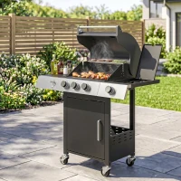 Outsunny 3 Burner Propane Gas Grill with Side Burner, 36,000 BTU BBQ Grill with Cast Iron Grates, Wheels, Warming Rack, Cabinet(m-10)