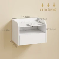 HOMCOM Wall Mounted Bedside Table, Set of 2 Floating Nightstand with Charging Station, Drawer and Open Shelf for Bedroom, White(m-3)
