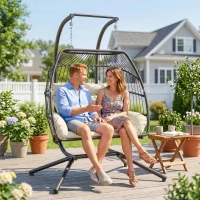 Outsunny Double Wicker Egg Swing Chair with Stand, Foldable Hanging Egg Chair with UV Resistant Cushion, Headrest, Cream White(m-10)