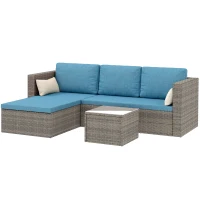 Outsunny 3-Piece Patio Furniture Set Modern Sectional Sofa Rattan Chair Wicker Conversation Set Outdoor Hand Woven Rattan Wicker Furniture Patio Coffee Table Sofa Set, Blue(m-11)