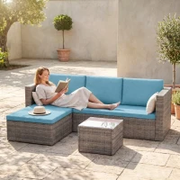 Outsunny 3-Piece Patio Furniture Set Modern Sectional Sofa Rattan Chair Wicker Conversation Set Outdoor Hand Woven Rattan Wicker Furniture Patio Coffee Table Sofa Set, Blue(m-1)