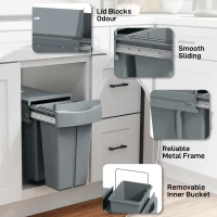 HOMCOM Pull Out Garbage Bin for Kitchen, 7.9 Gallon (30 L) Under Sink Garbage Can, 2 Removable Compartments, Grey(m-9)
