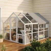 PawHut Wooden Catio Outdoor Cat Enclosure with Waterproof Cover, 2 Condos, 6 Platforms, Bridge, Doors, White(m-8)