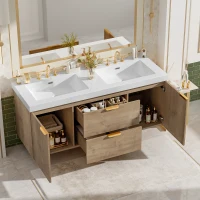 Double Sink Bathroom Vanity with Integrated SMC Top, Wall-Mounted Floating Cabinet for 2 People, 59.5'' L x 20'' W x 25.5'' H, Wood(m-1)