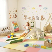 Qaba Foldable 4 in 1 Toddler Slide with Climber, Basketball Hoop, Storage Space and Basketball for Ages 1-3 Years, Cream(m-8)