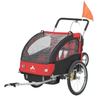 Aosom 2-in-1 Bike Trailer for Kids, Foldable 2-Seat Baby Stroller with 5-Point Harness, Rubber Wheels, Storage Bag, Red(m-2)