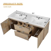 Double Sink Bathroom Vanity with Spacious Under-Sink Storage, Wall-Mounted Floating Cabinet with SMC Top, 59.5'' L x 20'' W x 25.5'' H, Wood(m-3)