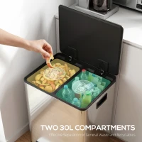 HOMCOM 2 x 30L / 7.9 Gallon Dual Trash Can with Removable Inner Buckets and Handles for Kitchen, Office, Bathroom, Silver(m-4)