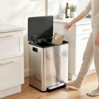HOMCOM 2 x 30L / 7.9 Gallon Dual Trash Can with Removable Inner Buckets and Handles for Kitchen, Office, Bathroom, Silver(m-9)