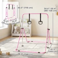 Qaba Kids Gymnastics Bar, Adjustable Height Folding Horizontal Bar with Gymnastics Rings, Non-slip Rubber Floor Rings, Pink(m-3)