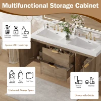 Double Sink Bathroom Vanity with Integrated SMC Top, Wall-Mounted Floating Cabinet for 2 People, 59.5'' L x 20'' W x 25.5'' H, Wood(m-9)
