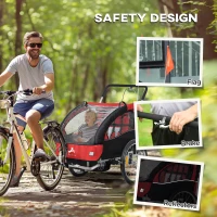 Aosom 2-in-1 Bike Trailer for Kids, Foldable 2-Seat Baby Stroller with 5-Point Harness, Rubber Wheels, Storage Bag, Red(m-9)