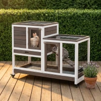 PawHut Wooden Rabbit Hutch Elevated Bunny Cage Indoor Small Animal Habitat with Enclosed Run with Wheels, Ramp, Removable Tray for Rabbits, Chickens, Ducks, Guinea Pigs, Brown(m-2)