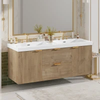 Double Sink Bathroom Vanity with Integrated SMC Top, Wall-Mounted Floating Cabinet for 2 People, 59.5'' L x 20'' W x 25.5'' H, Wood(m-5)