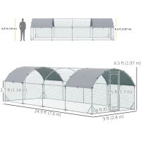 PawHut Galvanized Large Metal Chicken Coop Cage Walk-in Enclosure Poultry Hen Run House Playpen Rabbit Hutch with Cover for Outdoor Backyard 9.2' x 24.9' x 6.5' Silver(m-3)