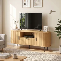 HOMCOM TV Stand for TVs up to 60", Modern Entertainment Center with Curved Sliding Doors and Storage, Natural Wood(m-1)