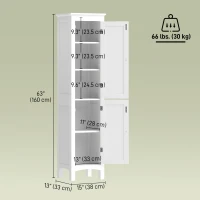 kleankin Tall Bathroom Cabinet, Freestanding Storage Organizer with Adjustable Shelves and Cupboards, 15" x 13" x 63", White(m-6)