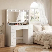 HOMCOM Vanity Desk with 10 Dimmable LED Lights, Mirror Dressing Table with 7 Drawers and Charging Station, White(m-10)