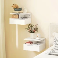 HOMCOM Floating Nightstand Set of 2, Wall Mounted Bedside Table with with Power Outlets, Drawer and Shelf, White(m-1)
