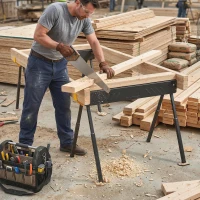 HOMCOM Mitre Saw Stands, Sawhorses with Height Adjustable Legs, 2x4 Bracket, Carry Handle, Black(m-8)