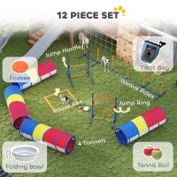 PawHut Dog Agility Training Equipment, 12-Piece Dog Obstacle Course with Adjustable Hurdle & Ring, 4 Tunnels, Weave Poles(m-4)