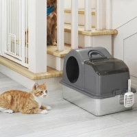 PawHut Extra Large Stainless Steel Cat Litter Box w/ High Sided, Removable Lid, Scoop, Odor Free, Non-Sticky, Dark Grey(m-9)