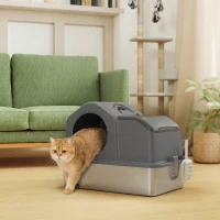 PawHut Extra Large Stainless Steel Cat Litter Box w/ High Sided, Removable Lid, Scoop, Odor Free, Non-Sticky, Dark Grey(m-10)