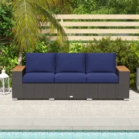 Outsunny 3-Seater Outdoor Sofa Couch, PE Wicker Patio Sofa with Cushions, Wood Grain Armrests, Dark Blue(m-10)