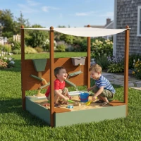 Qaba Wooden Kids Sandbox with Canopy, Sand Wall, Bottom Liner, for 3-6 Years, 46" x 44" W x 50", Green(m-1)
