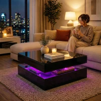 HOMCOM LED Coffee Table with Storage, 2-Tier Modern Center Table with Open Shelf and Remote for Living Room, High Gloss Black(m-10)